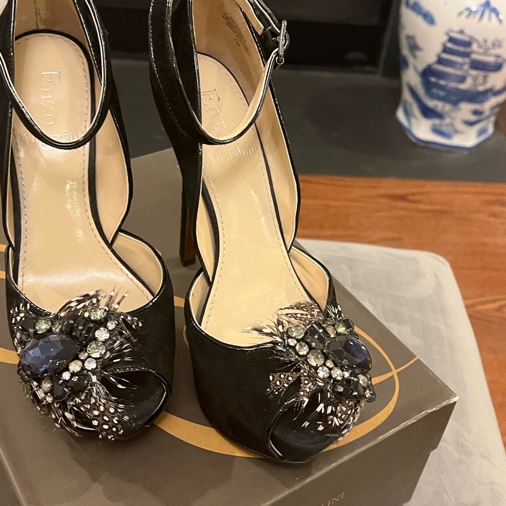 Black suede d’orsay evening shoes embellished with feathers and crystals